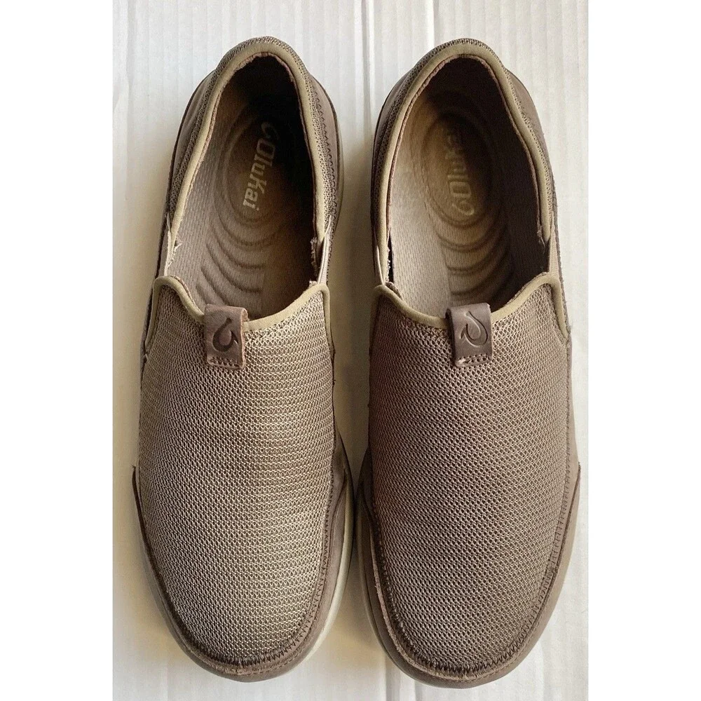Olukai Makia Mens 10.5 Casual Slip On Loafer Mesh Leather Boat Shoe Brown